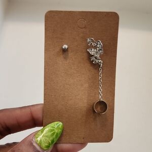 Silver Butterfly Drop Earring with Chain and Ring